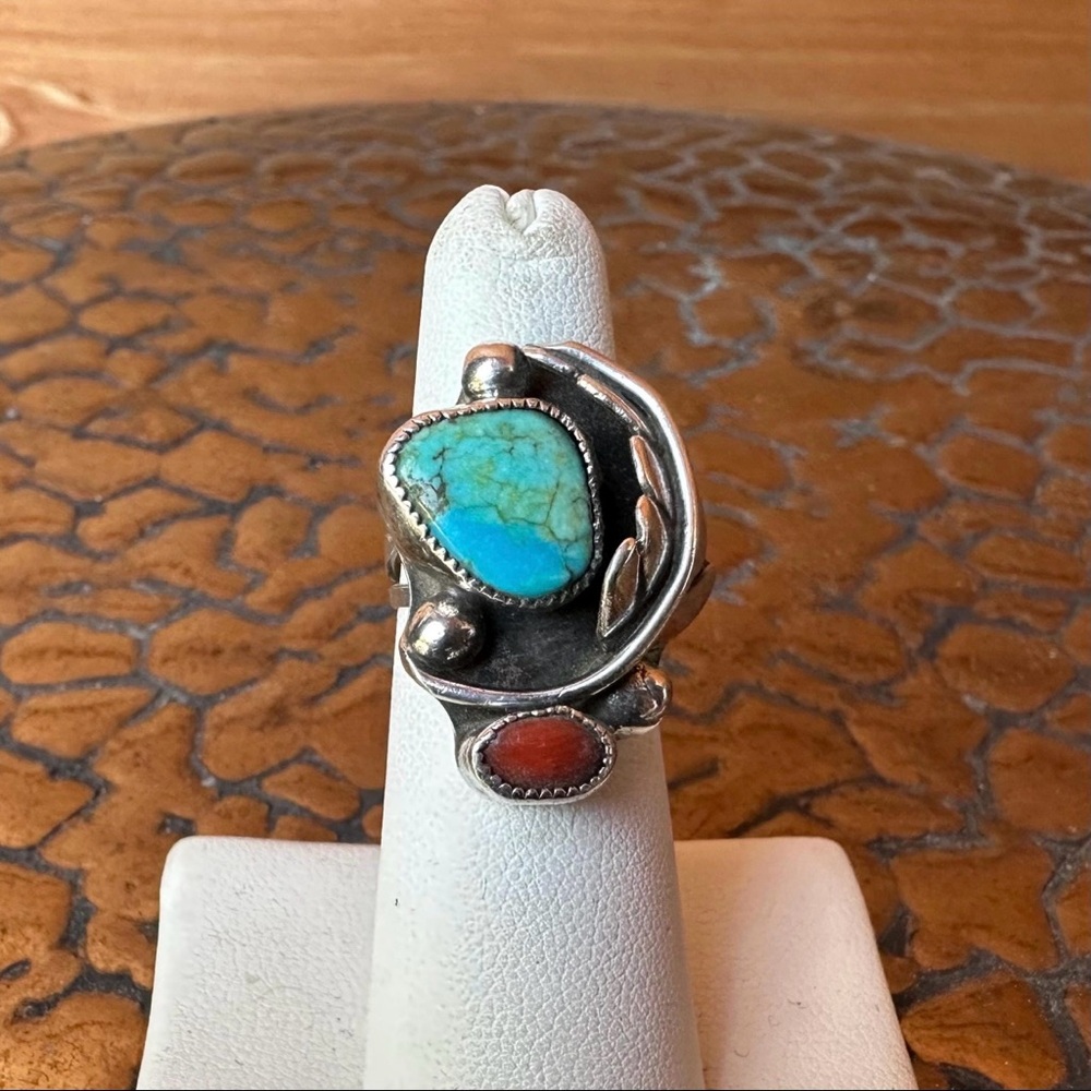 Artisan Navajo Turquoise Coral Statement Ring in Sterling Silver size US 5.5 - Picture 8 of 8